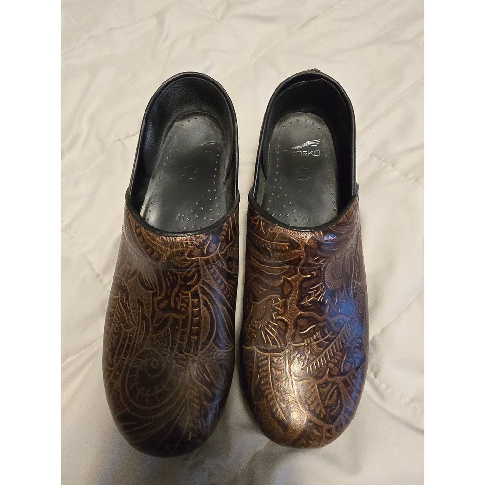 Dansko Clogs Bronze Metallic‎ Embossed Floral Leather Shoes Womens 41